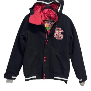 Burton Bomber Coat Women‎ M Snowboard Ski Jacket Wool Varsity Hood Black Pink
